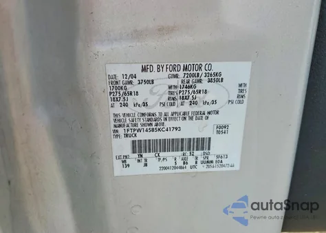 2005 Ford F150 Supercrew z USA, uszkodzony, nr VIN 1FTPW14585KC41793